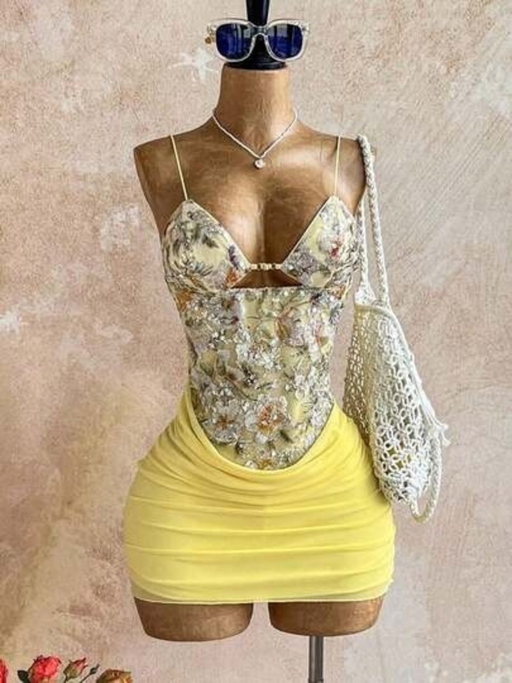 SHEIN Yellow Floral Corset Mini Dress